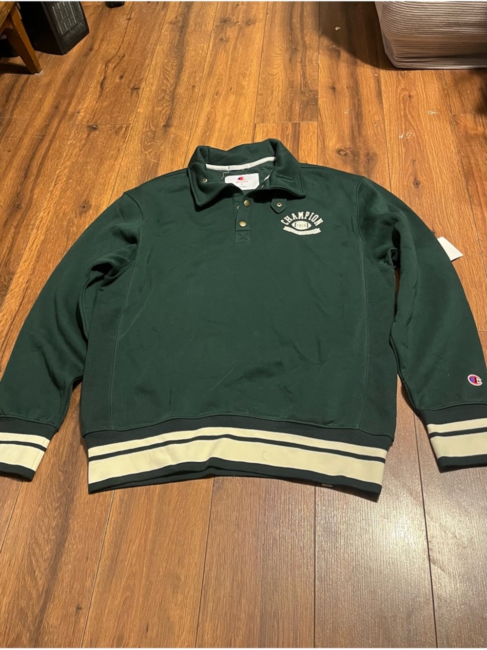 Champion Forest Green Pullover with Cream Stripe Details